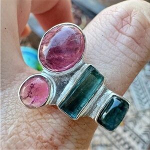 5.00ctw heavy genuine indicolite tourmaline/pink tourmaline solid sterling ring